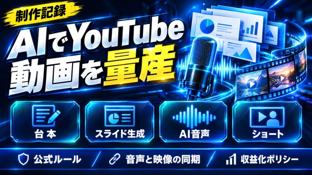 YouTube動画をAIで量産する方法｜スライド×AI音声の制作ライン、ショートの作り方、収益化ポリシーの注意点【実例】
