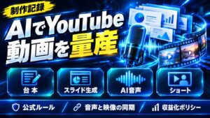 YouTube動画をAIで量産する方法｜スライド×AI音声の制作ライン、ショートの作り方、収益化ポリシーの注意点【実例】