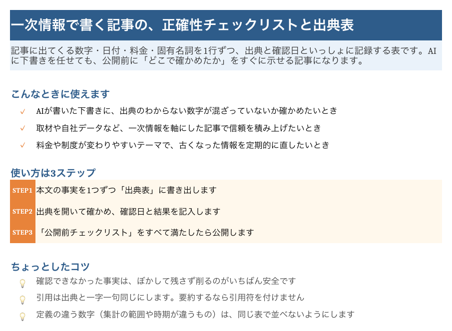 記事の正確性チェックリストと出典表の「はじめに」シート