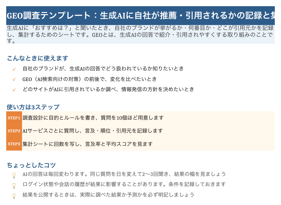 GEO（生成AIでの推薦）調査テンプレートの「はじめに」シート