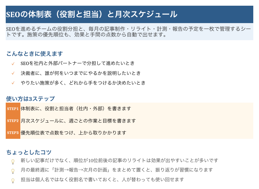 SEOの体制表と月次スケジュールの「はじめに」シート